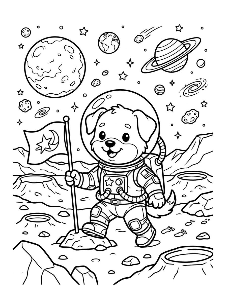 Astronaut Puppy Exploring the Red Planet Mars - Free Printable Coloring Page