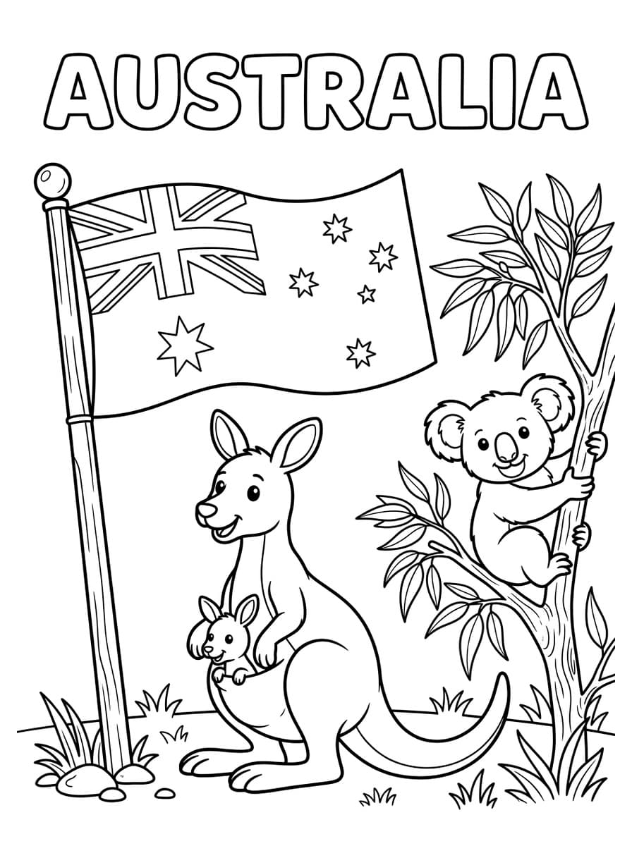 호주 국기와 캥거루 모자 & 유칼립투스 코알라 - Free Printable Coloring Page