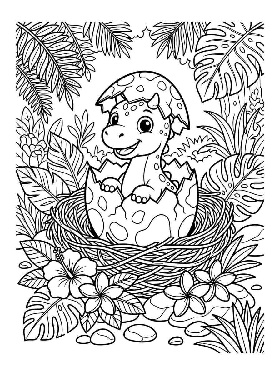 Adorable Baby Velociraptor Hatching in Nest - Free Printable Coloring Page