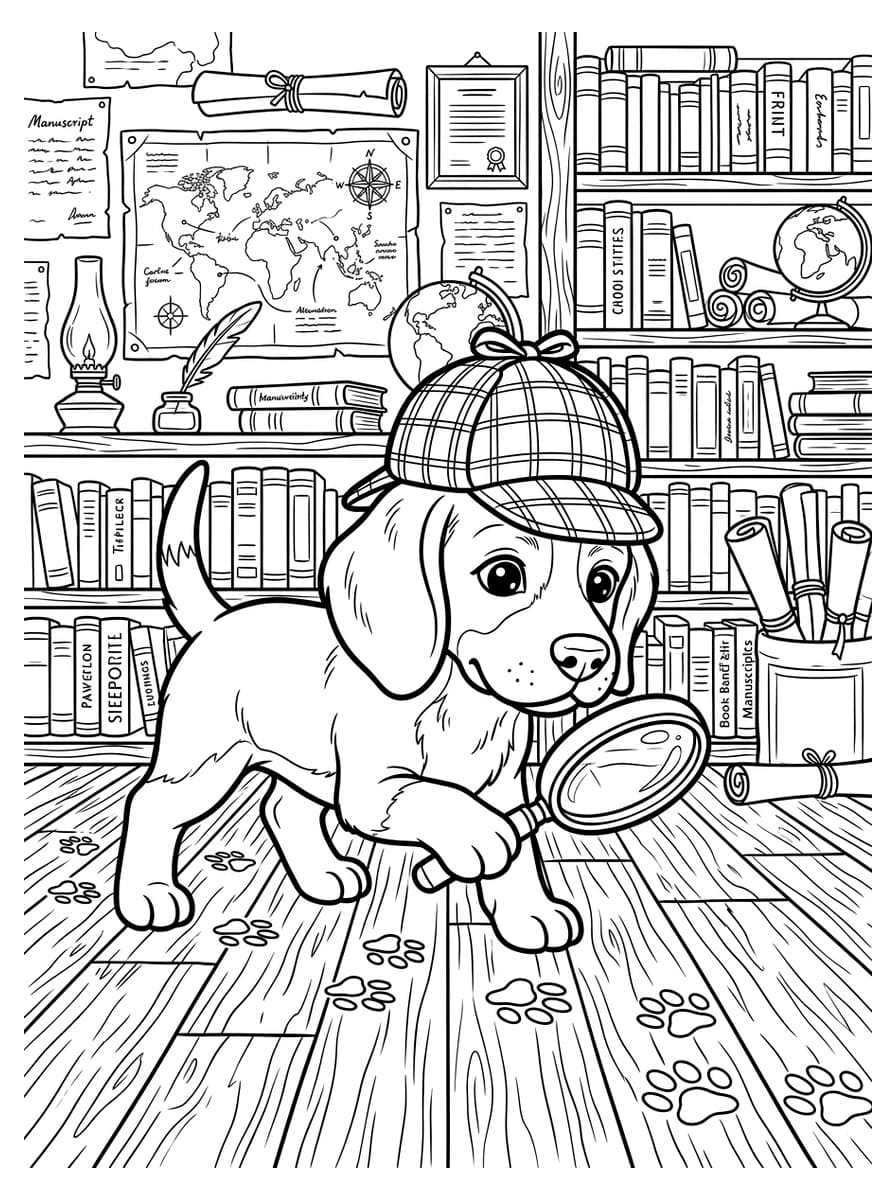 Beagle Detective on Mystery Pawprint Trail - Free Printable Coloring Page