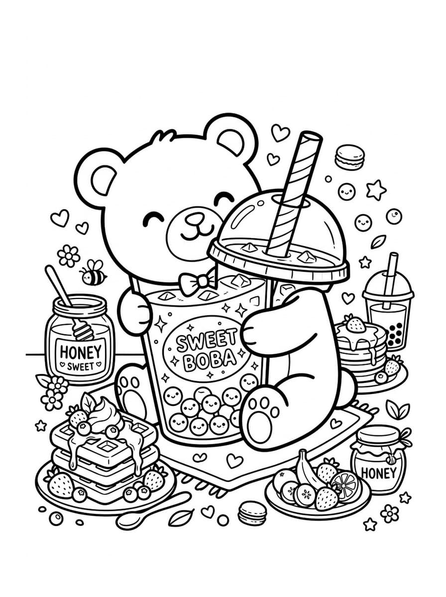 Kawaii Boba Milk Tea Teddy Bear - Free Printable Coloring Page