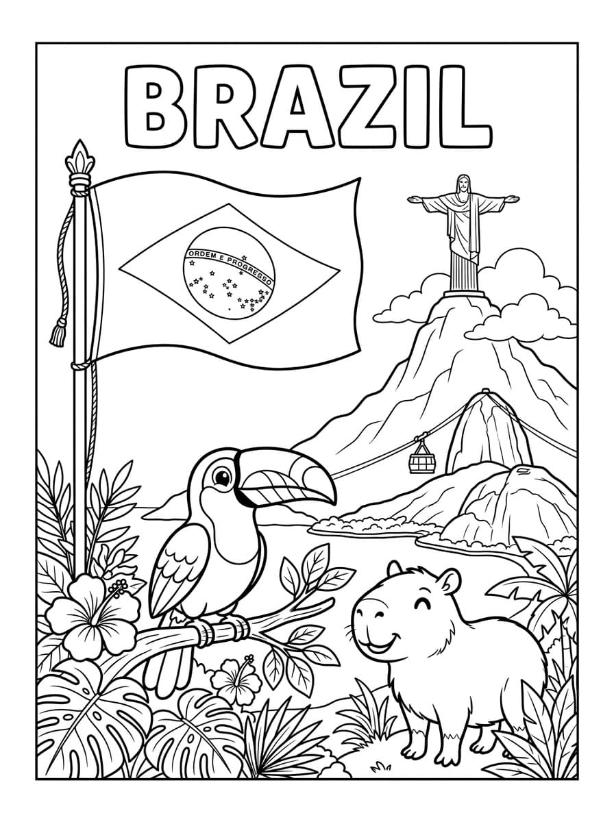 브라질 국기와 리우 예수상 & 아마존 투칸 & 카피바라 - Free Printable Coloring Page