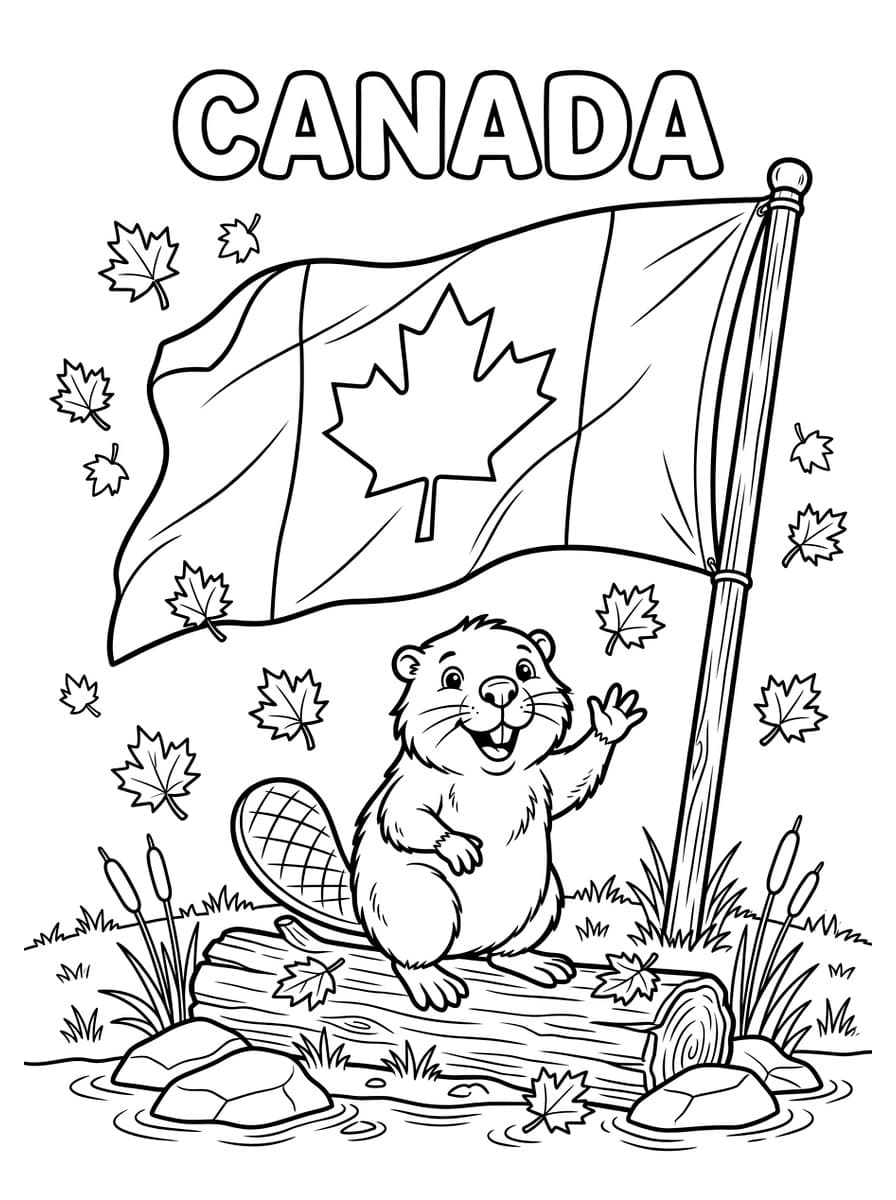 캐나다 단풍 국기와 손 흔드는 귀여운 비버 - Free Printable Coloring Page