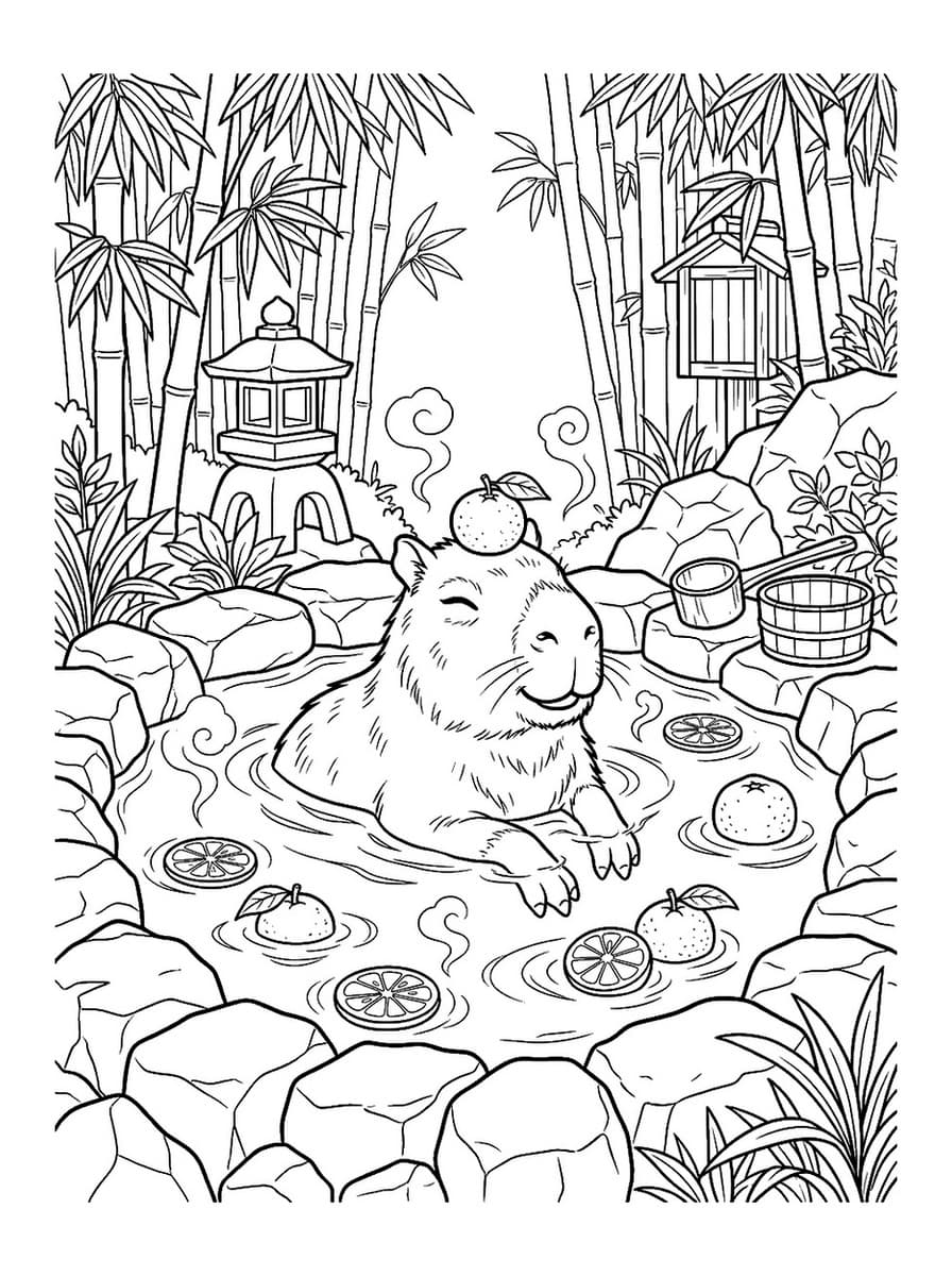 Zen Capybara Relaxing in Citrus Onsen Bath - Free Printable Coloring Page