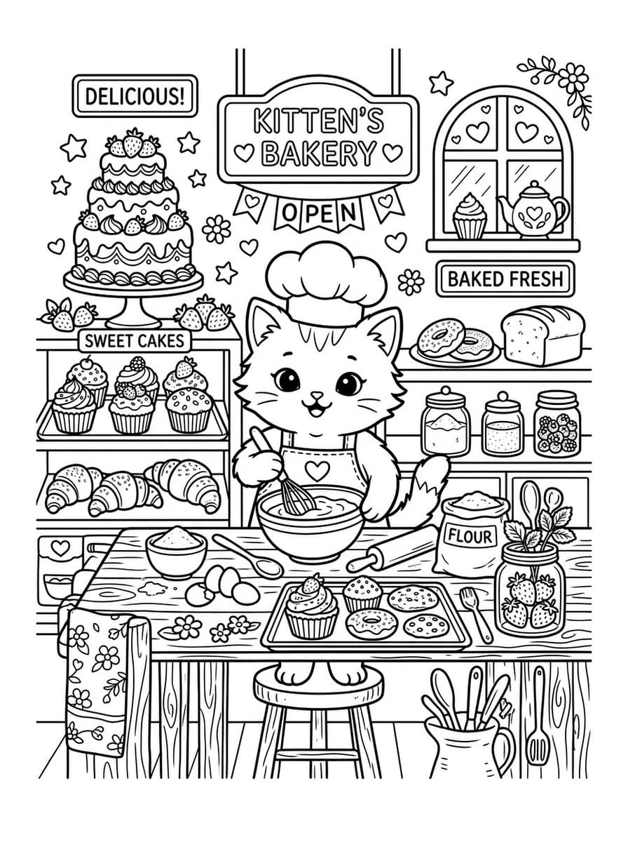 Kawaii Kitten Sweet Bakery Shop - Free Printable Coloring Page