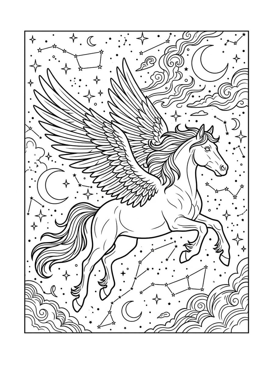 Celestial Winged Pegasus Soaring Starlight - Free Printable Coloring Page