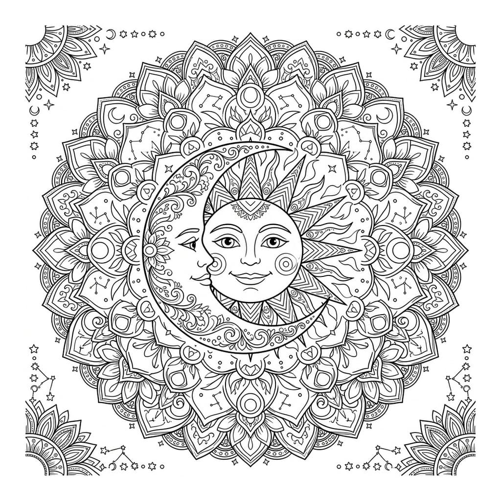 Celestial Sun & Moon Harmony Mandala - Free Printable Coloring Page