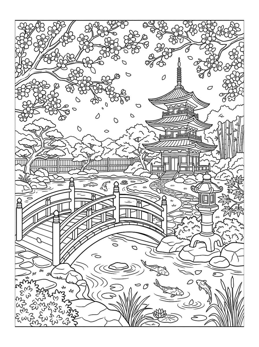 Serene Cherry Blossom Pagoda Garden - Free Printable Coloring Page