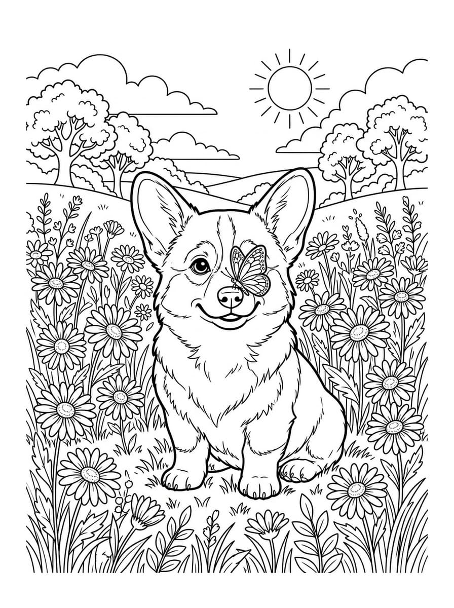 Happy Welsh Corgi Puppy in Daisy Meadow - Free Printable Coloring Page