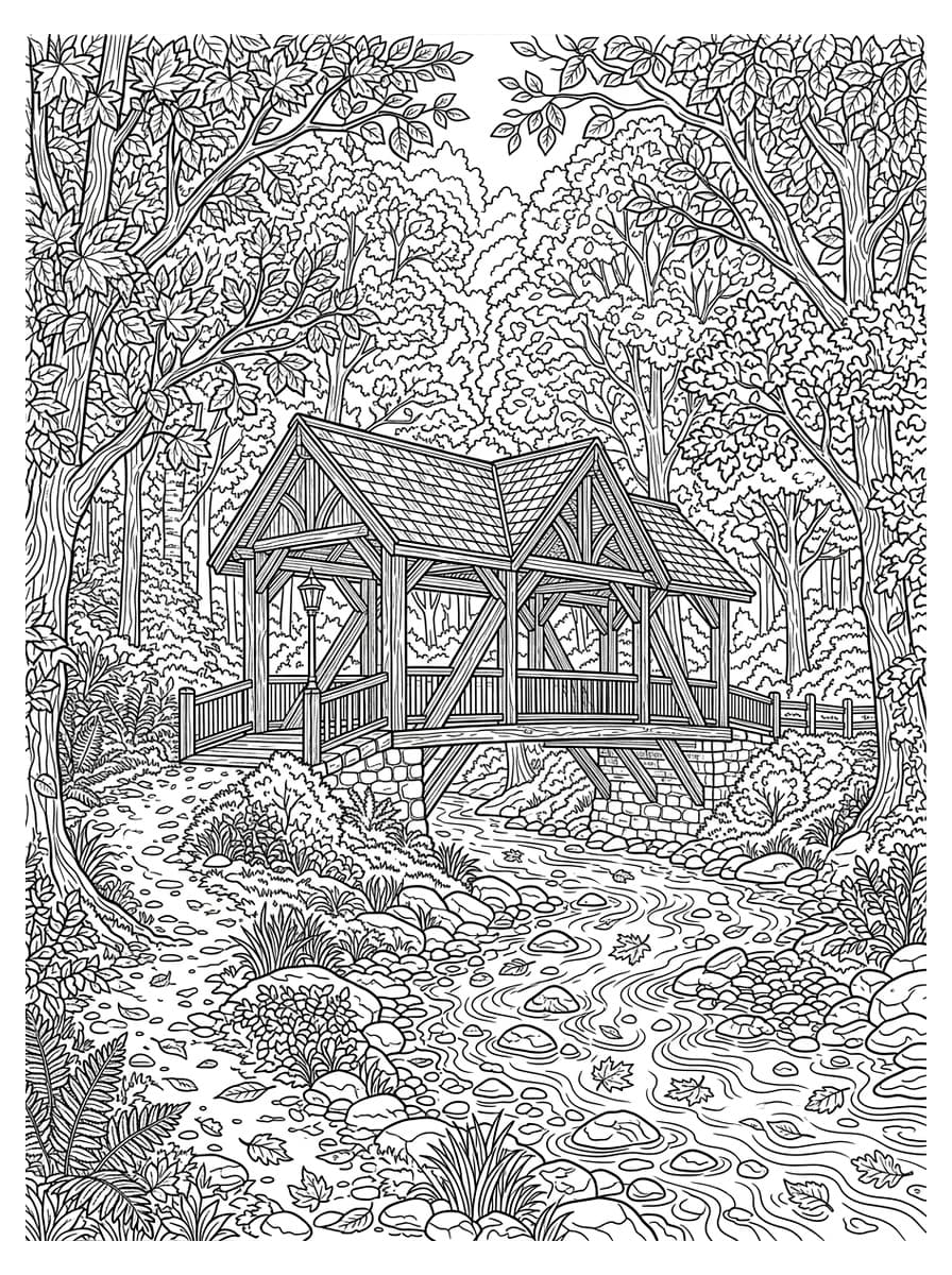 단풍 숲속의 고즈넉한 클래식 지붕 다리 - 무료 고화질 흑백 프린트 컬러링 도안 (A4 PDF & JPG 다운로드)