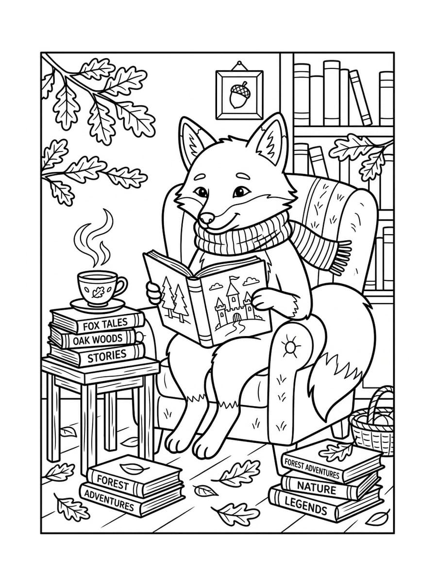Cozy Autumn Fox Reading Book with Warm Tea - Free Printable Coloring Page