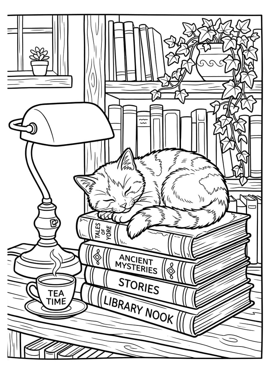 Cozy Bookstore Cat Napping on Vintage Books - Free Printable Coloring Page