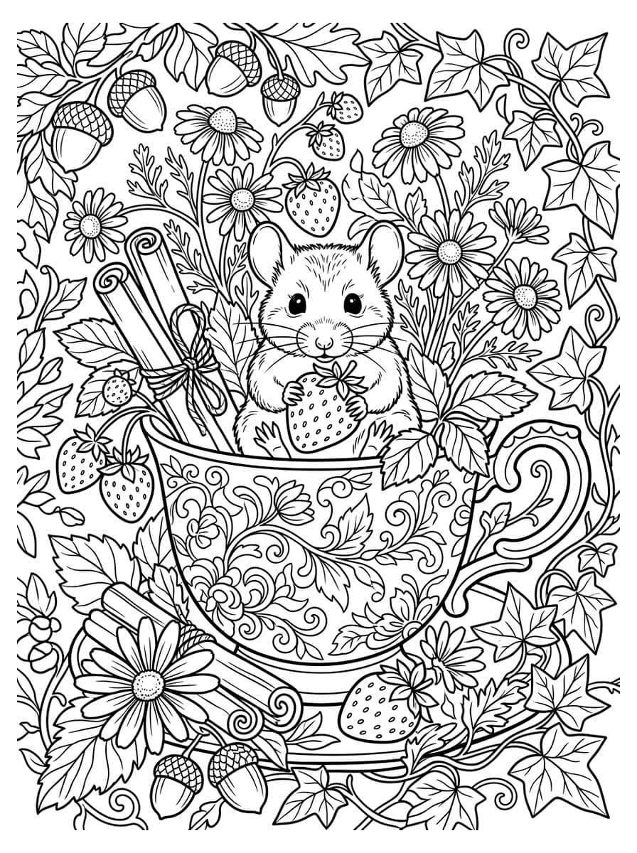 Cottagecore Woodland Mouse in Porcelain Teacup - Free Printable Coloring Page