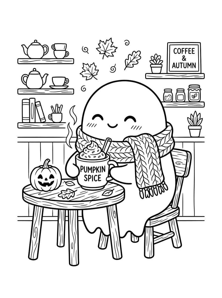 Cozy Little Ghost Drinking Pumpkin Spice Latte - Free high-resolution printable black and white coloring page line art (PDF & JPG download)