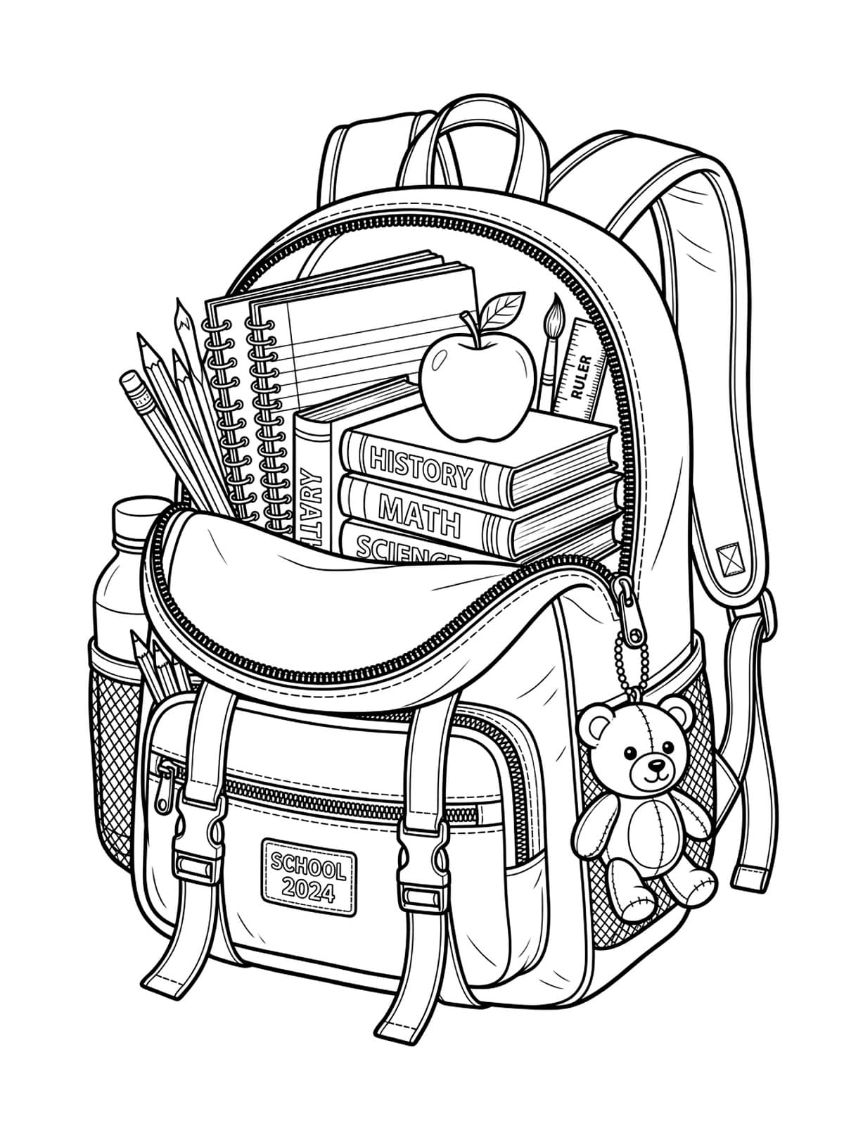 Cozy School Backpack Packed with Books & Art Supplies - Free Printable Coloring Page