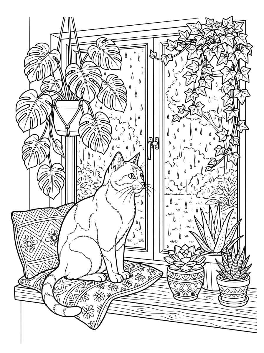 Curious Cat on Rainy Window Sill - Free Printable Coloring Page
