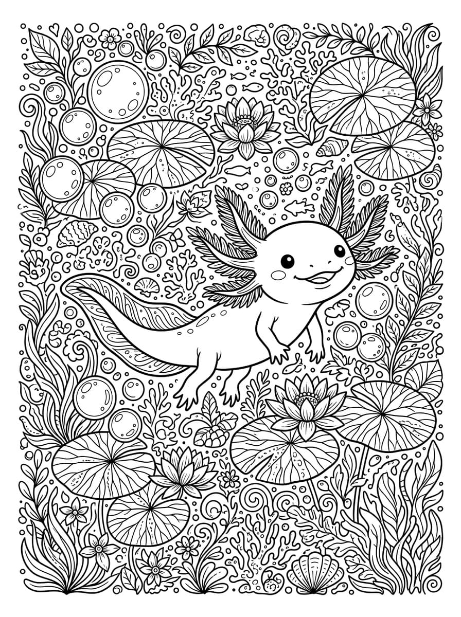 Adorable Axolotl Swimming in Bubble Garden - Free high-resolution printable black and white coloring page line art (PDF & JPG download)