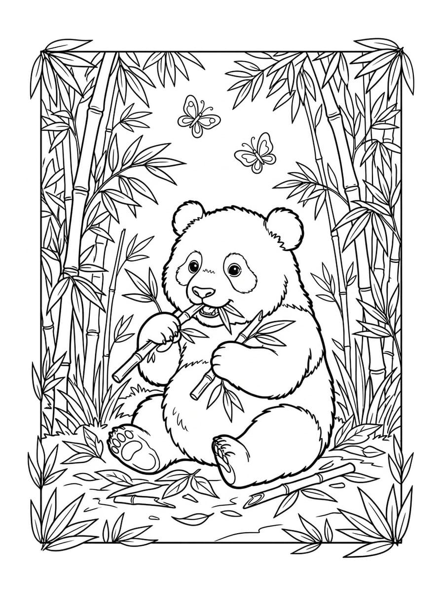 Playful Baby Panda in Bamboo Grove - Free Printable Coloring Page
