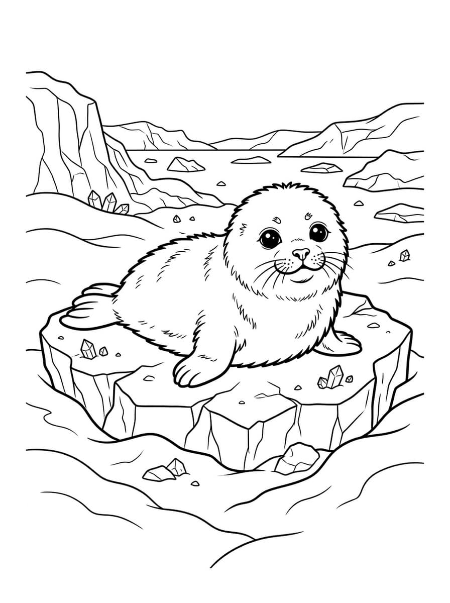 Cute Harp Seal Pup on Arctic Iceberg - Free Printable Coloring Page