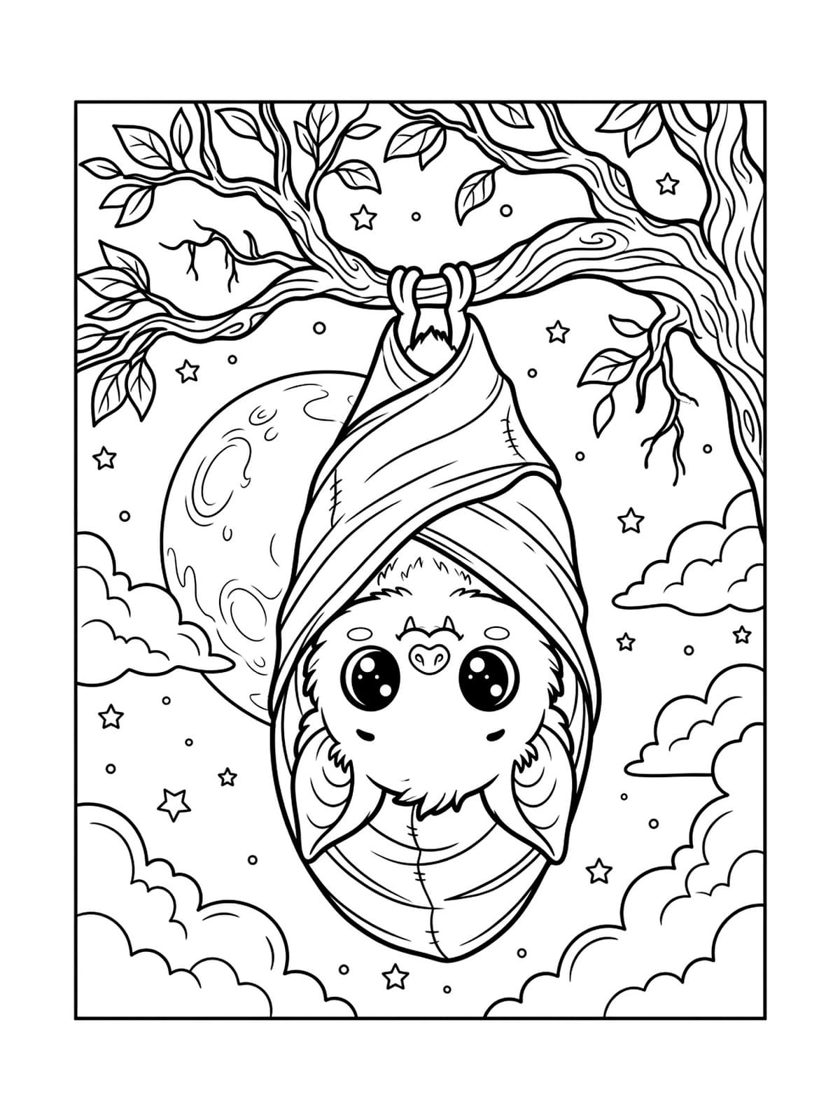 Adorable Baby Vampire Bat Hanging Under the Full Moon - Free Printable Coloring Page