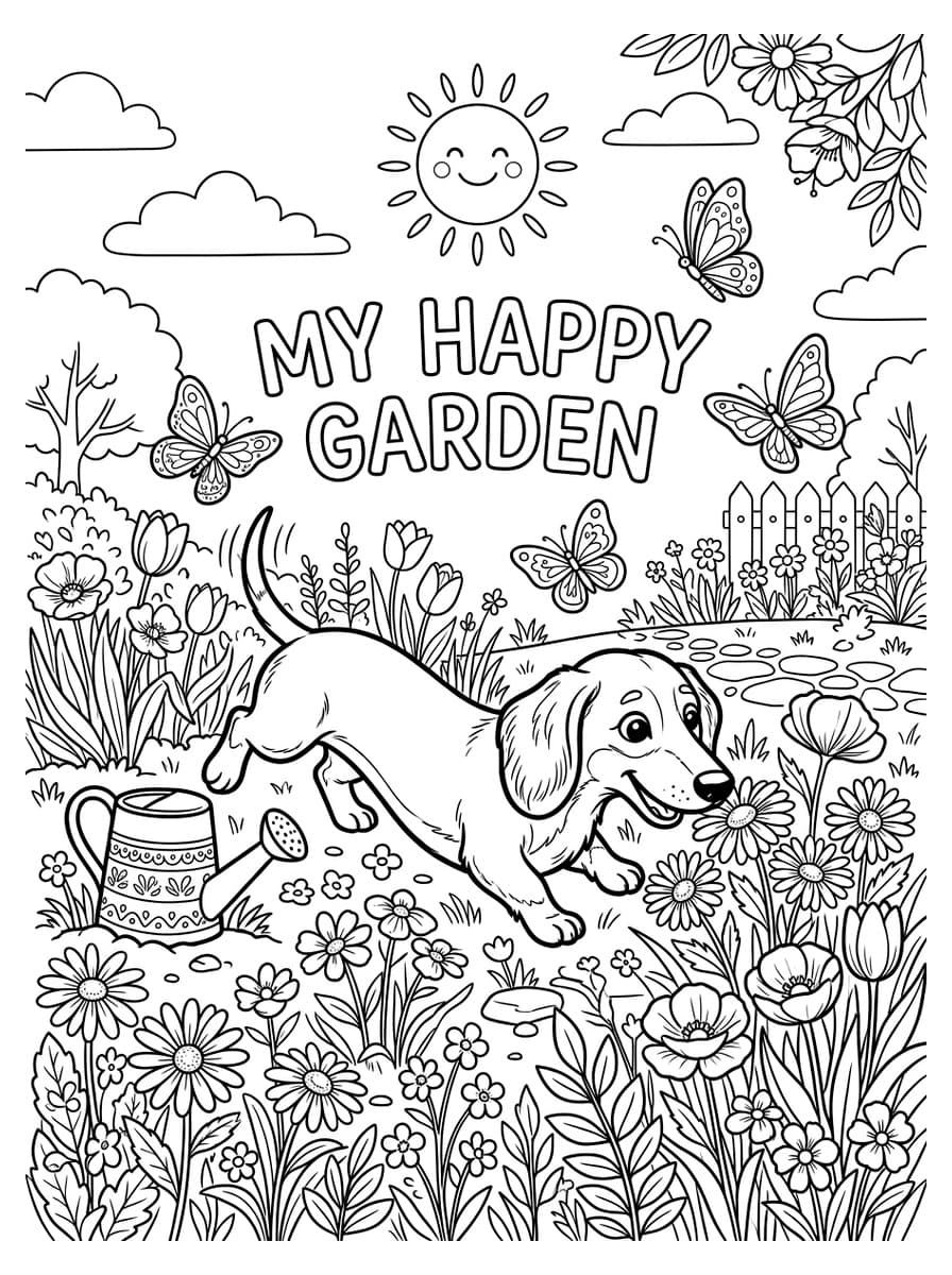 Playful Dachshund Puppy in Wildflower Meadow - Free Printable Coloring Page