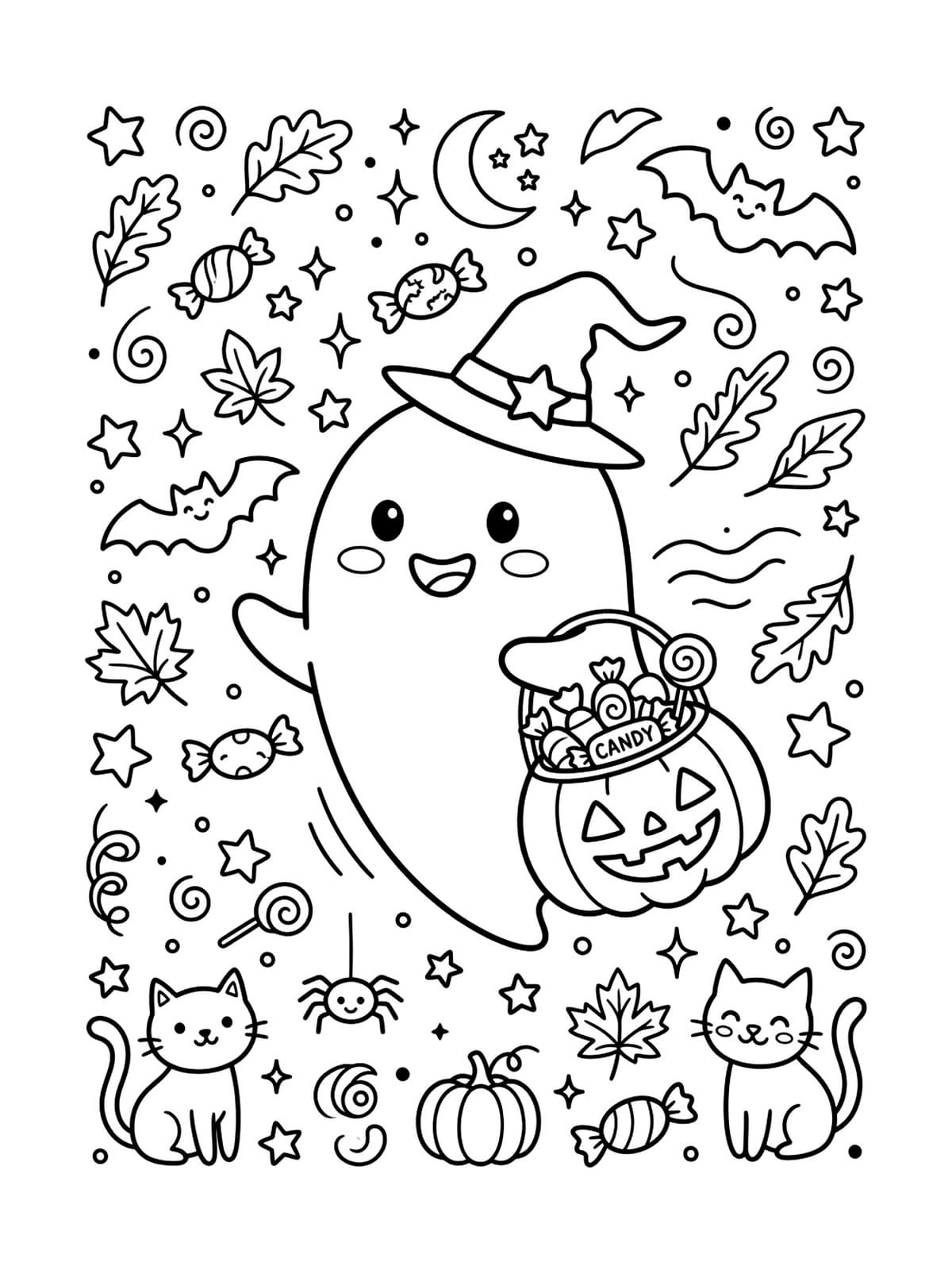 Cute Little Ghost with Trick-or-Treat Candy Bucket - Free Printable Coloring Page
