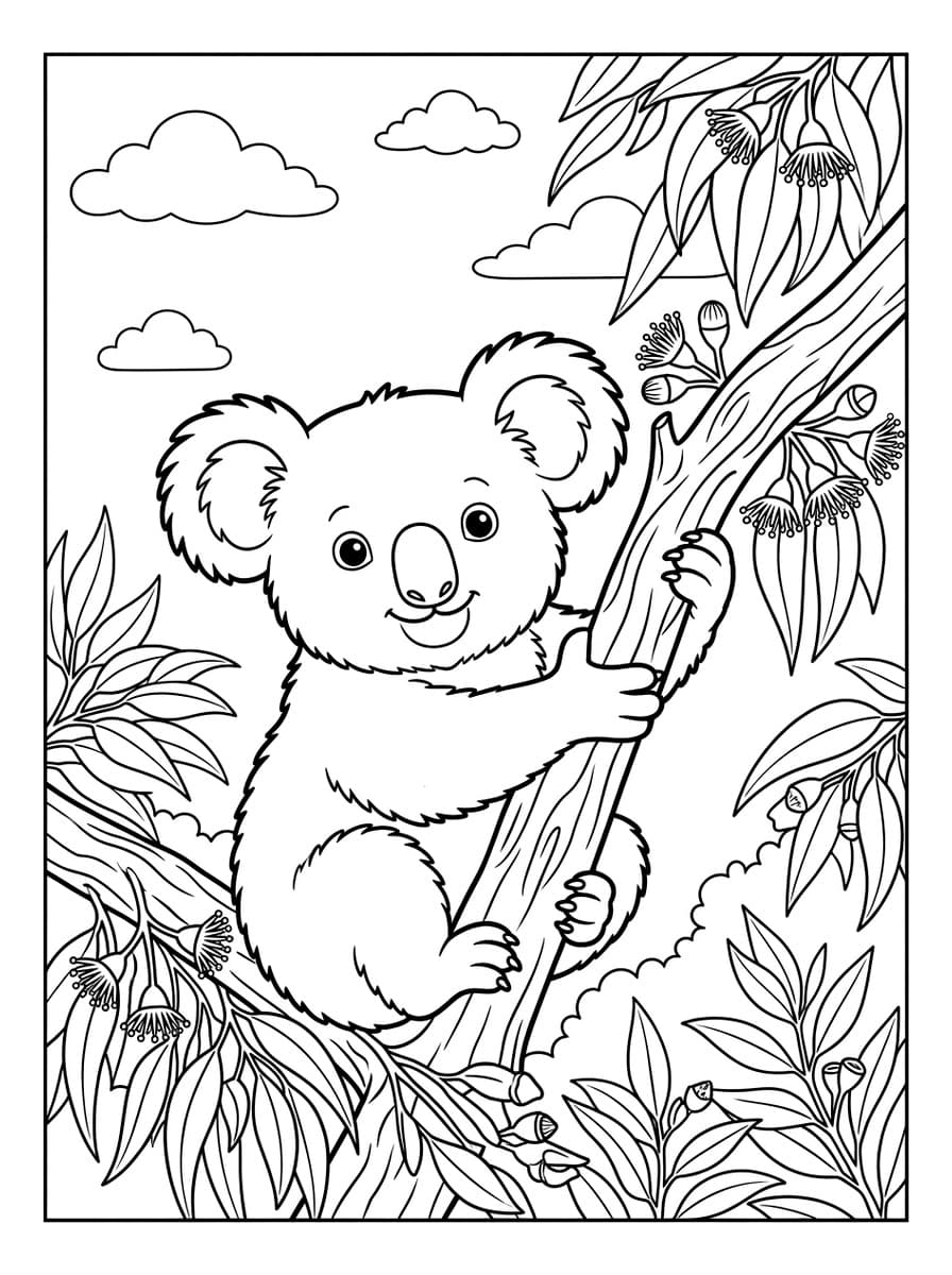유칼립투스 나무에 매달린 아기 코알라 - Free Printable Coloring Page