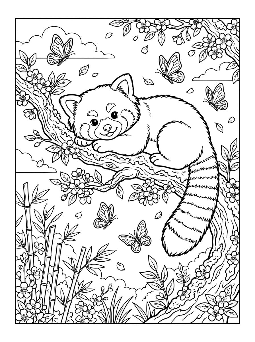 꽃나무 가지 위의 귀여운 레서판다 - Free Printable Coloring Page