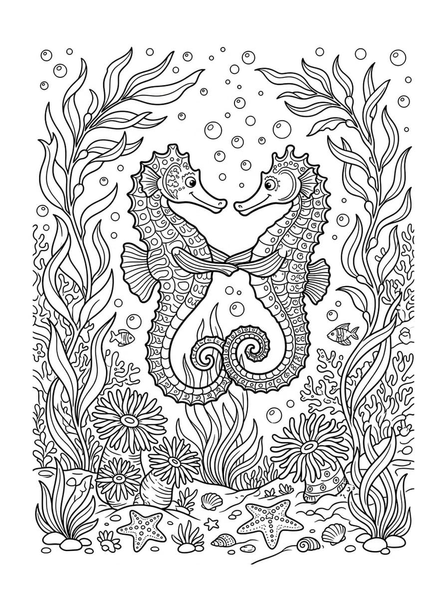 Twin Seahorses in Enchanted Coral Garden - Free Printable Coloring Page