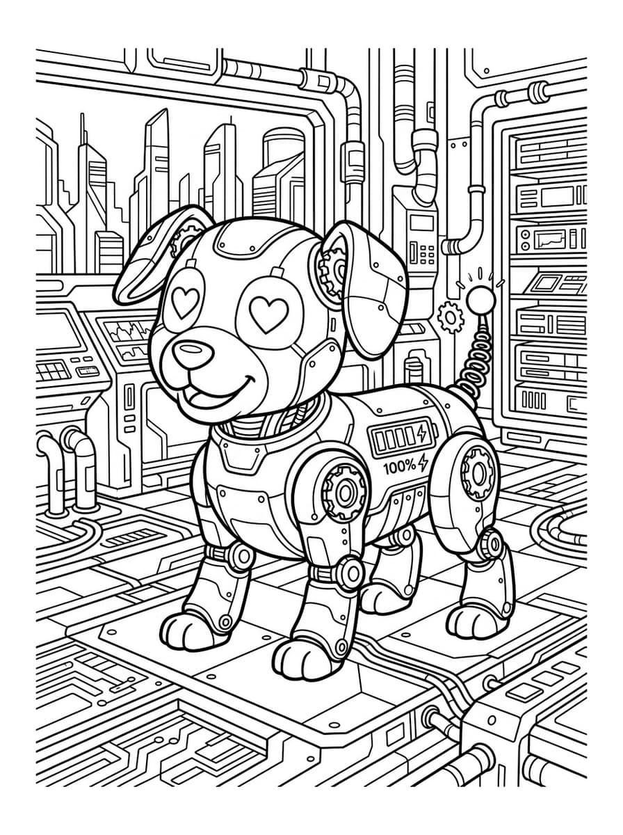 Cybernetic Robot Puppy Companion - Free Printable Coloring Page