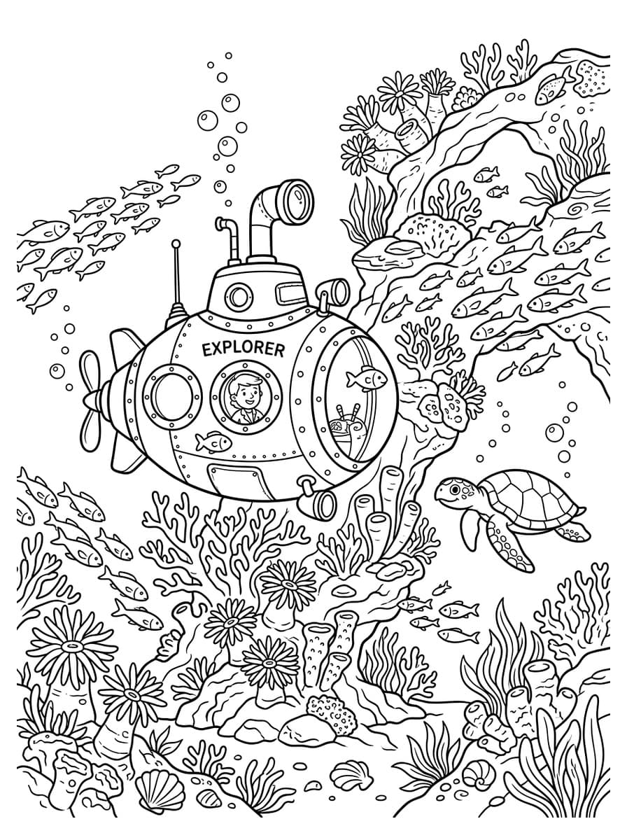 Cute Yellow Submarine Underwater Sea Odyssey - Free high-resolution printable black and white coloring page line art (PDF & JPG download)