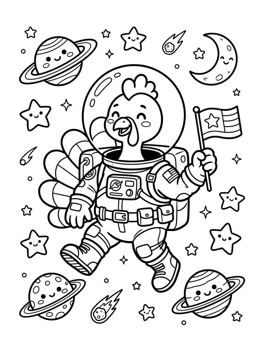 Disguise a Turkey as an Astronaut in Space (Printable Activity) - Free high-resolution printable black and white coloring page line art (PDF & JPG download)