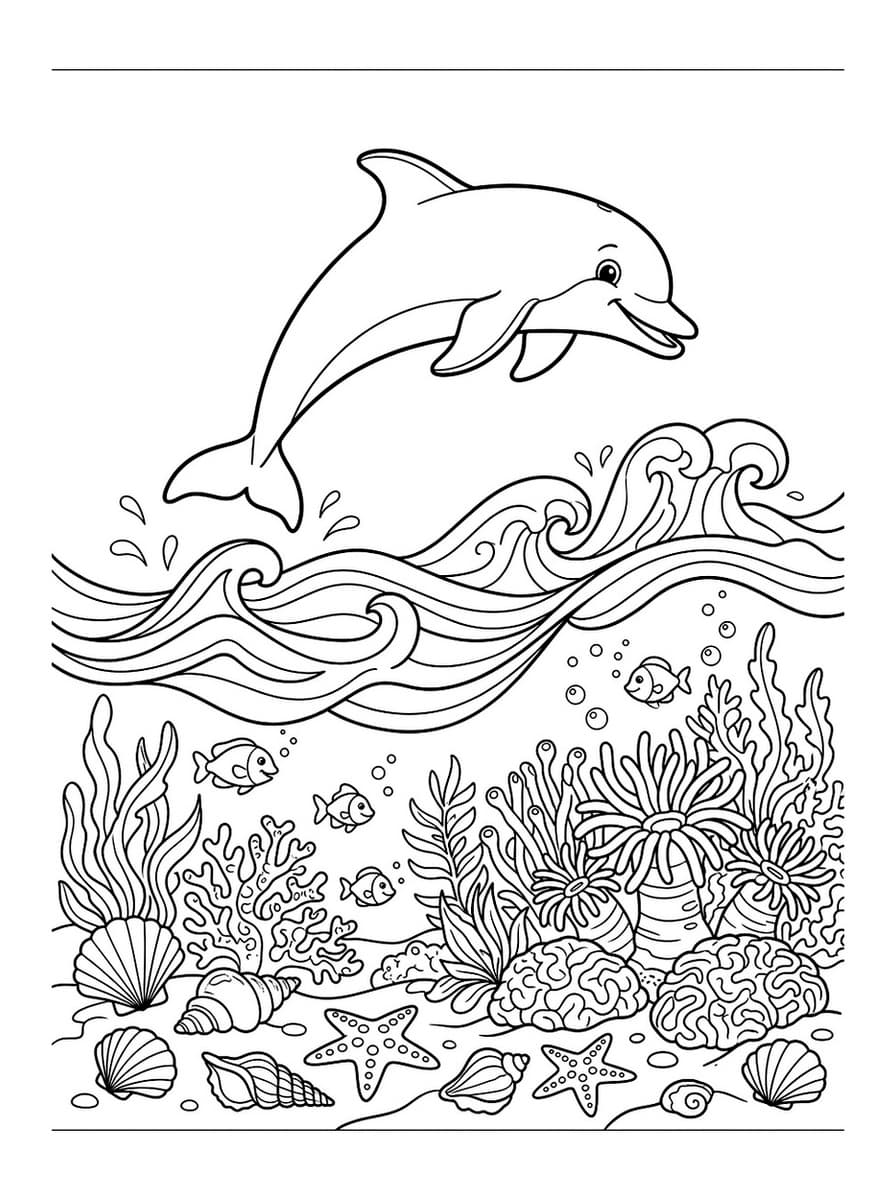 Playful Dolphin in Tropical Coral Kingdom - Free Printable Coloring Page