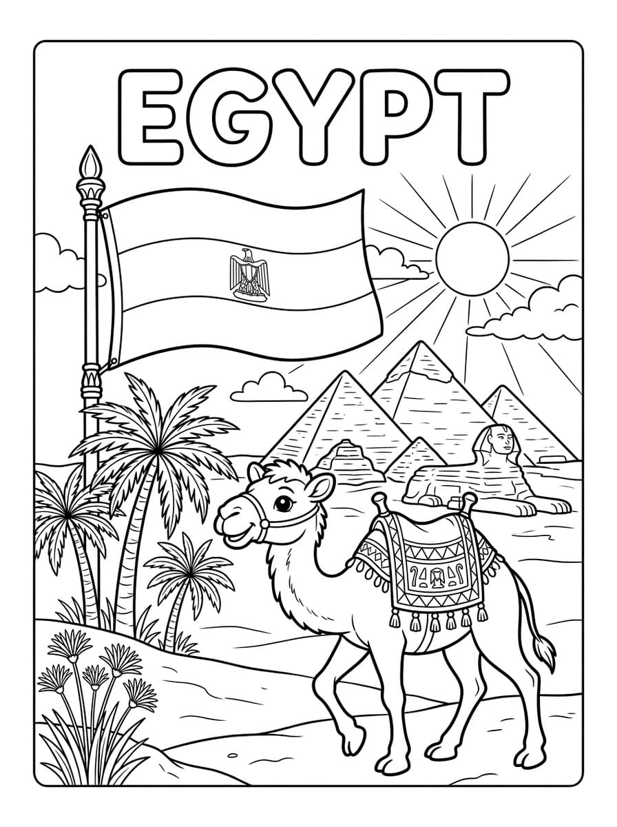이집트 국기와 기자의 피라미드 & 스핑크스 & 사막 낙타 - Free Printable Coloring Page