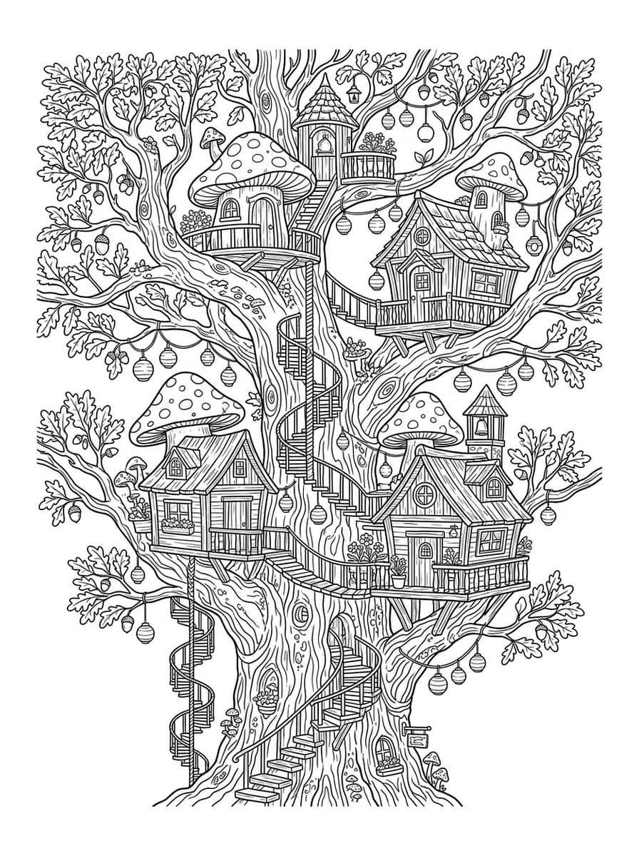 Enchanted Fairy Treehouse Village - Free Printable Coloring Page