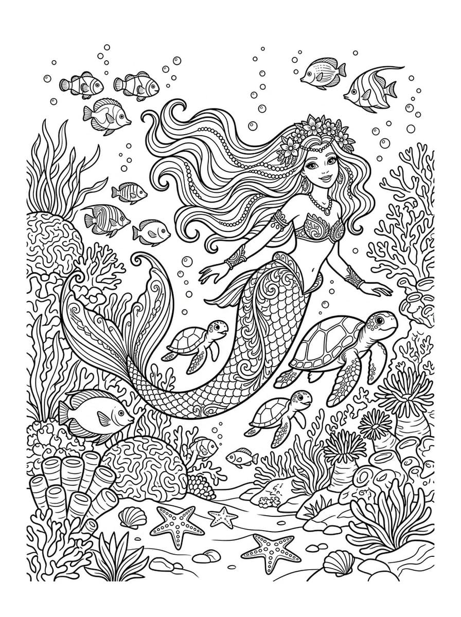 Enchanted Mermaid & Sea Turtle Coral Kingdom - Free Printable Coloring Page