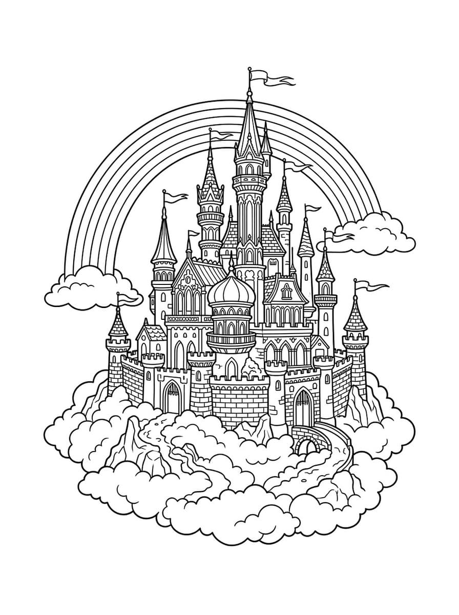 Enchanted Fairytale Castle in the Clouds - Free Printable Coloring Page