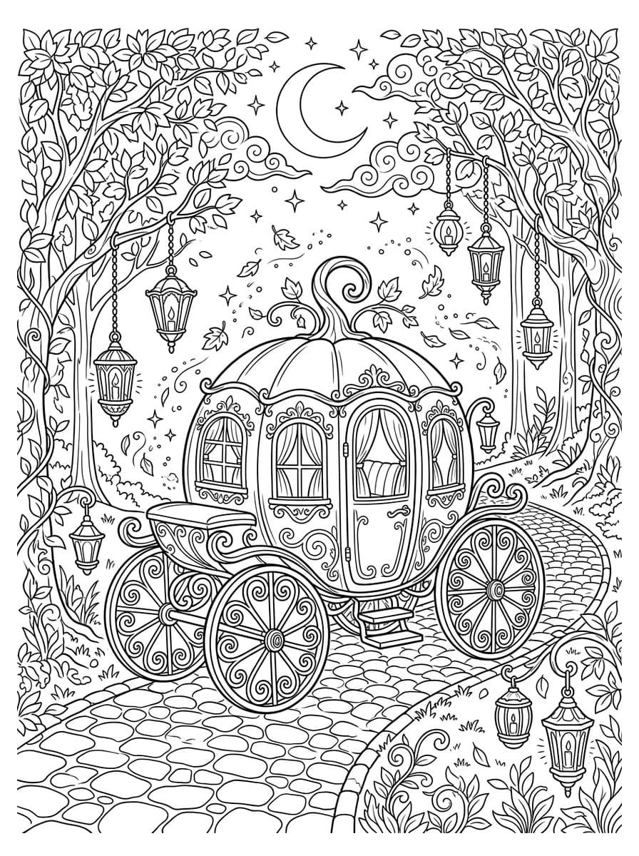가을 숲속 마법의 신데렐라 호박 마차 - 무료 고화질 흑백 프린트 컬러링 도안 (A4 PDF & JPG 다운로드)