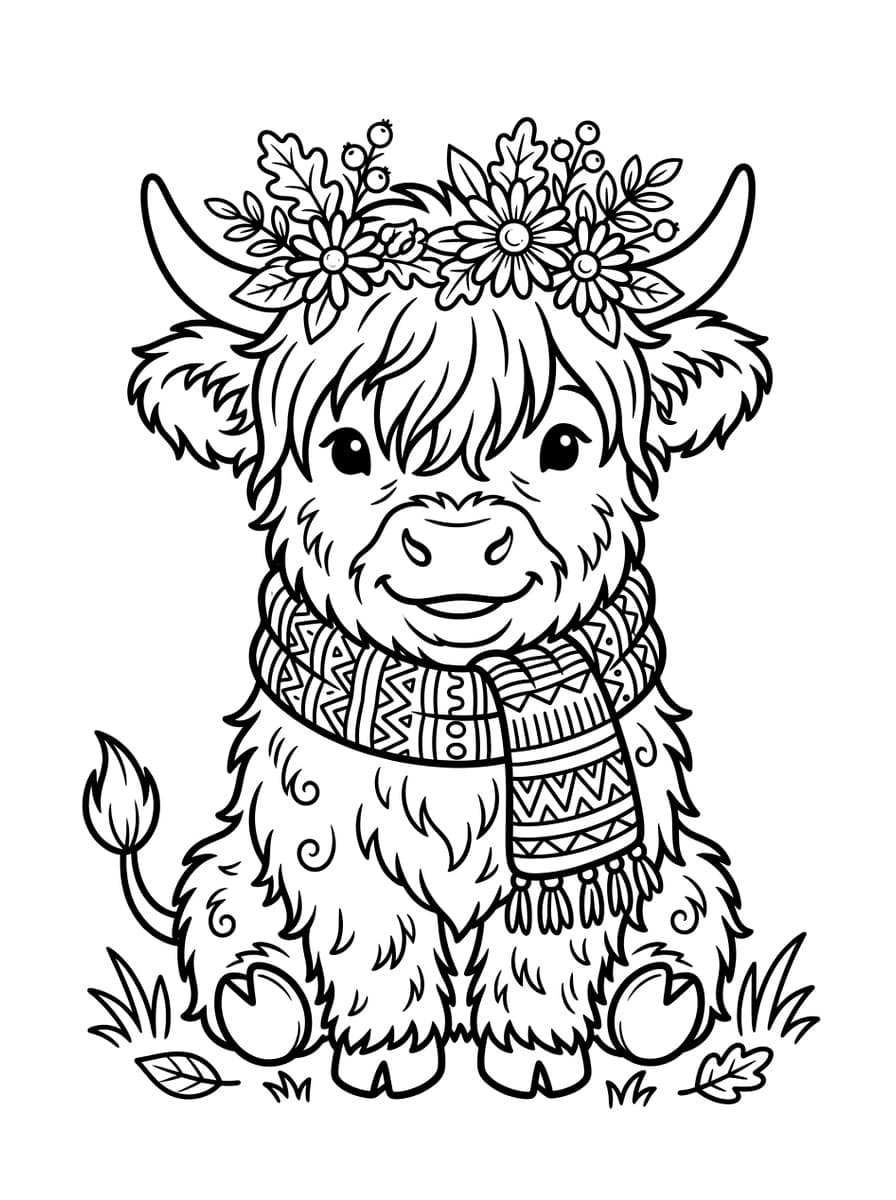 Fluffy Baby Highland Cow in Chunky Knit Autumn Scarf - Free high-resolution printable black and white coloring page line art (PDF & JPG download)