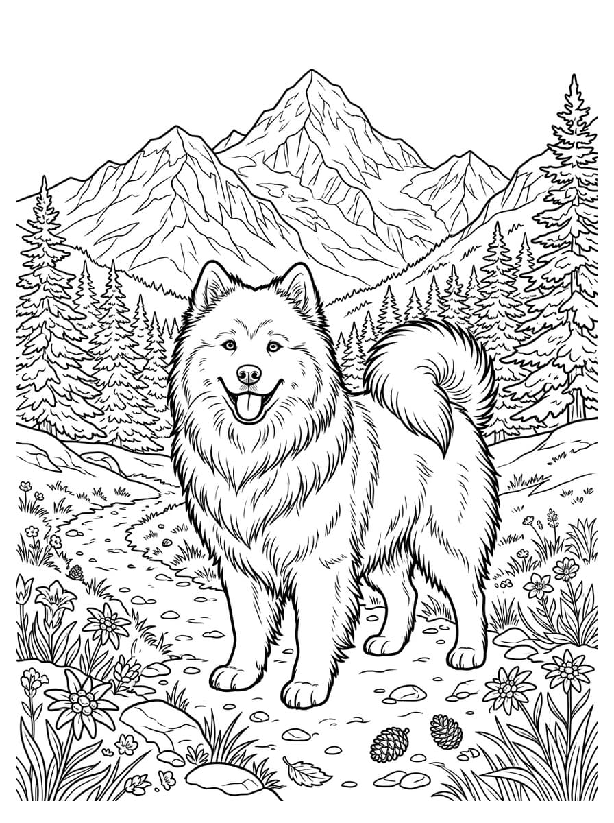 Majestic Samoyed in Alpine Pine Forest Meadow - Free Printable Coloring Page