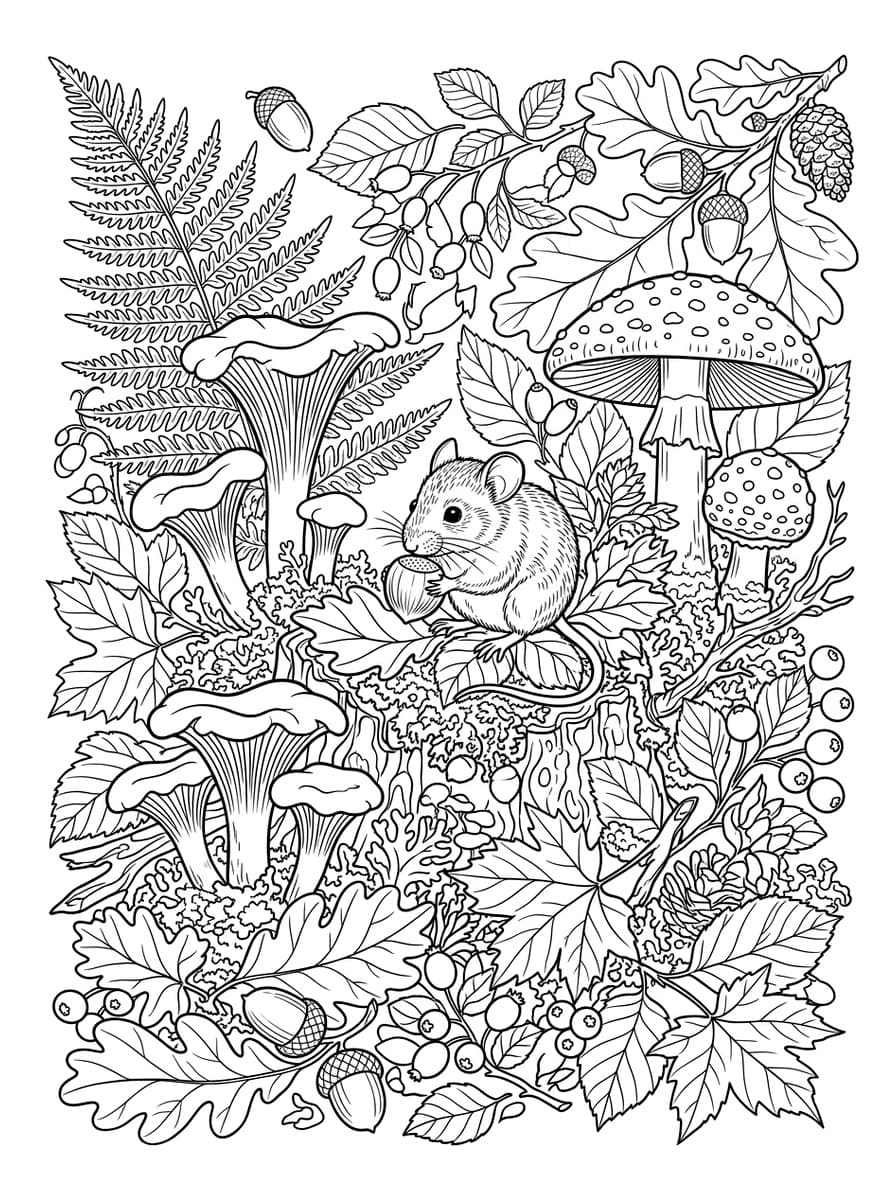 가을 숲 밑바닥의 작은 보태니컬 생태계 - 무료 고화질 흑백 프린트 컬러링 도안 (A4 PDF & JPG 다운로드)