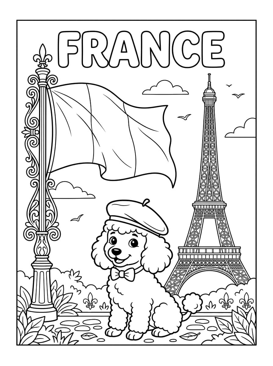 프랑스 삼색기와 에펠탑 & 베레모를 쓴 푸들 강아지 - Free Printable Coloring Page