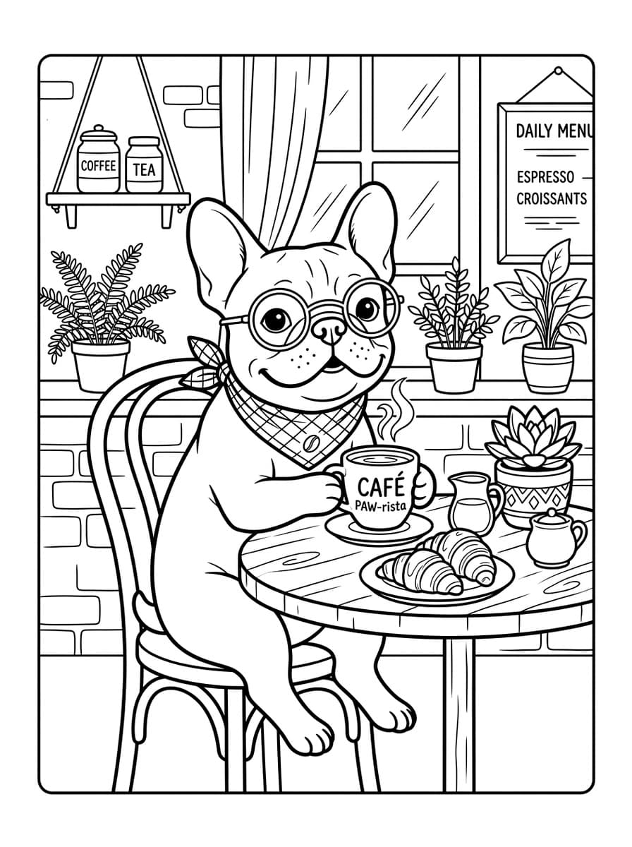 French Bulldog Barista with Warm Coffee - Free Printable Coloring Page