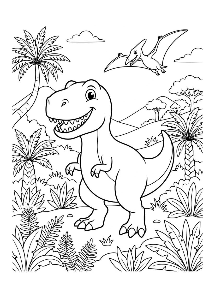Cheerful T-Rex Explorer in Dino Valley - Free Printable Coloring Page