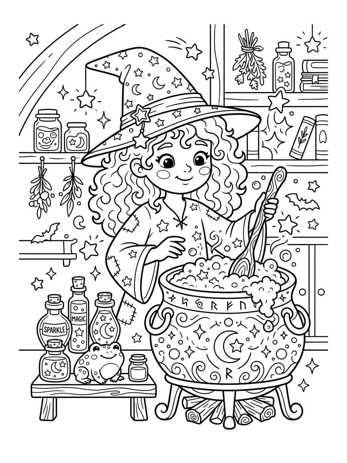 Friendly Little Witch Brewing Bubbling Potion Cauldron - Free Printable Coloring Page
