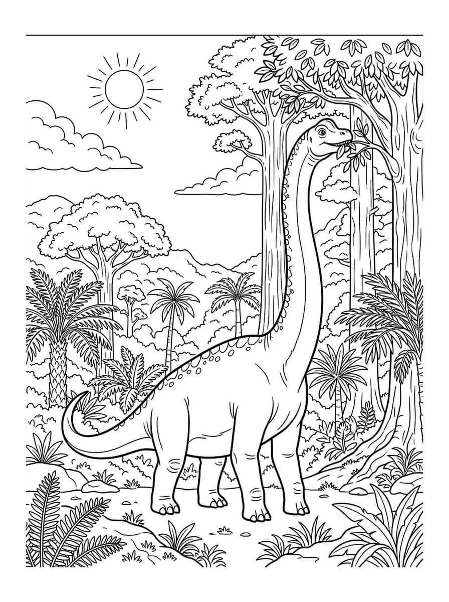 Gentle Brachiosaurus in Jurassic Valley - Free Printable Coloring Page