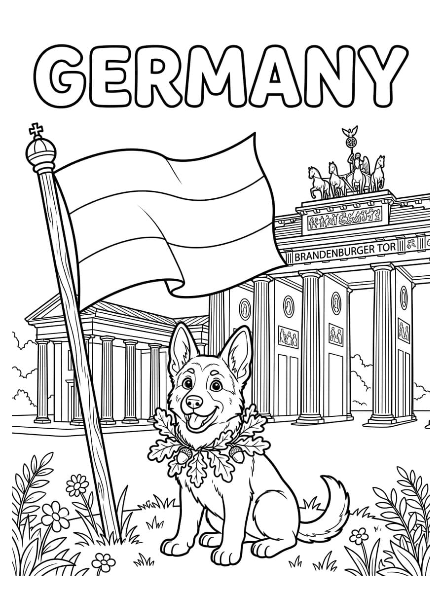독일 삼색 국기와 브란덴부르크 문 & 저먼 셰퍼드 강아지 - Free Printable Coloring Page