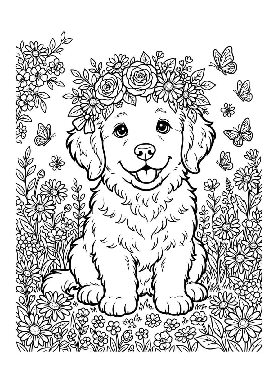 Adorable Golden Retriever Puppy in Flower Crown - Free Printable Coloring Page