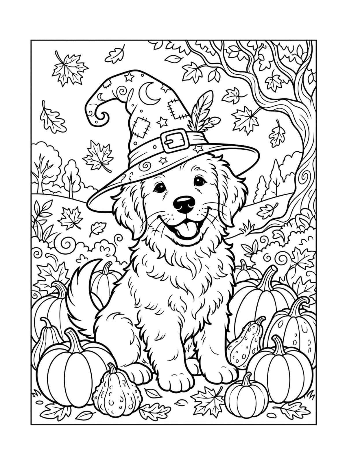 Golden Retriever Puppy Wearing a Witch Hat with Autumn Pumpkins - Free Printable Coloring Page