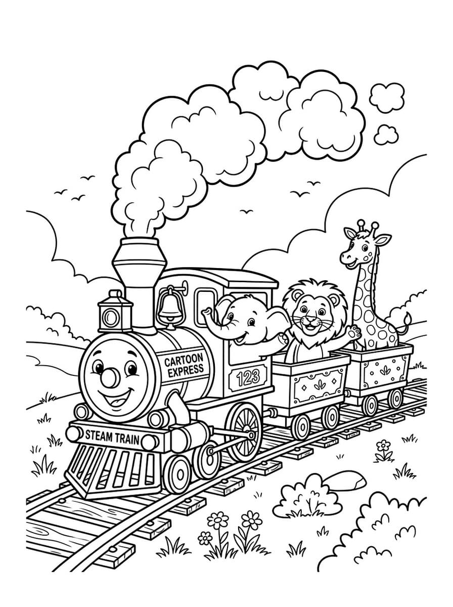 Cheerful Circus Steam Train with Animal Friends - Free Printable Coloring Page